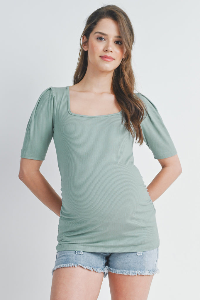 Mint Ribbed Square Neck Puff Sleeve Maternity Top Front View