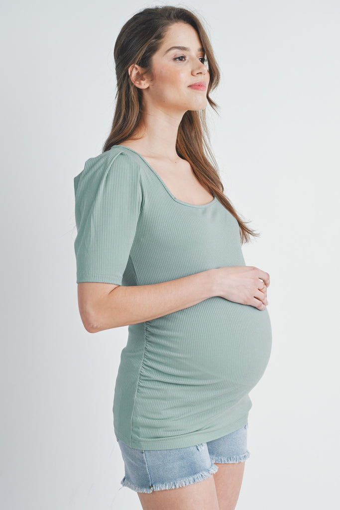 Mint Ribbed Square Neck Puff Sleeve Maternity Top Side View