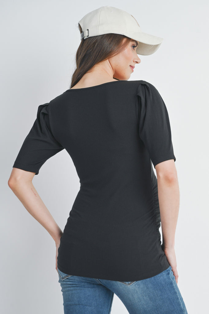Black Ribbed Square Neck Puff Sleeve Maternity Top Back View