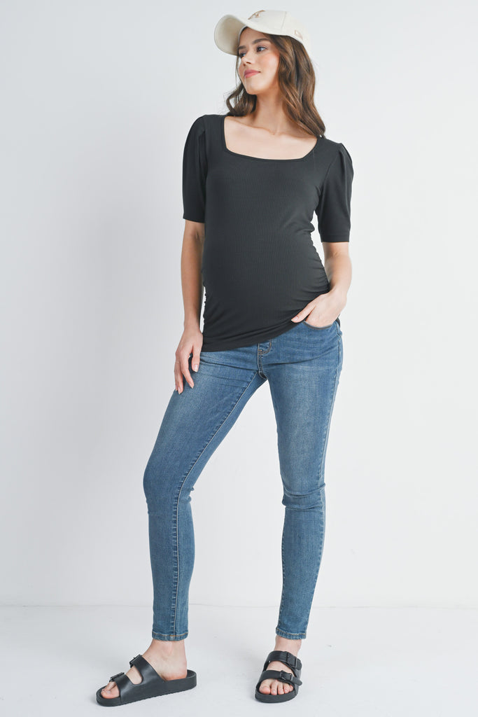 Black Ribbed Square Neck Puff Sleeve Maternity Top Full Body