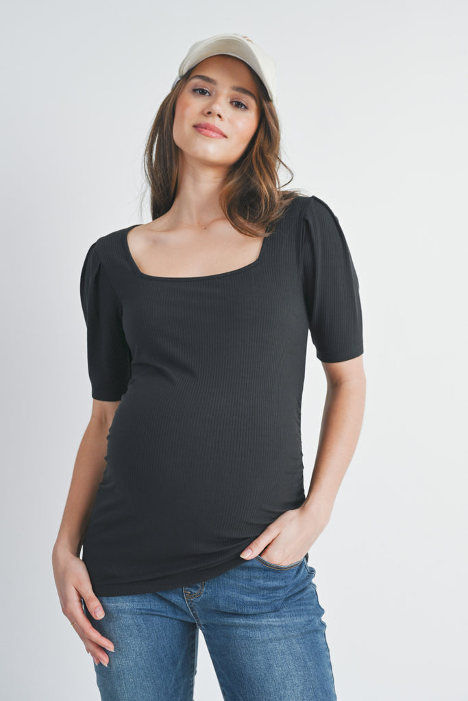 Black Ribbed Square Neck Puff Sleeve Maternity Top Front View
