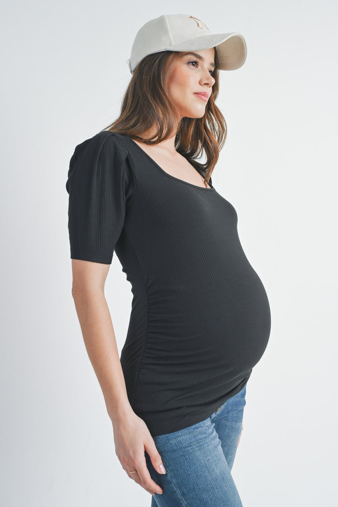 Black Ribbed Square Neck Puff Sleeve Maternity Top Side View