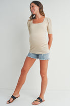 Oatmeal Ribbed Square Neck Puff Sleeve Maternity Top Full Body