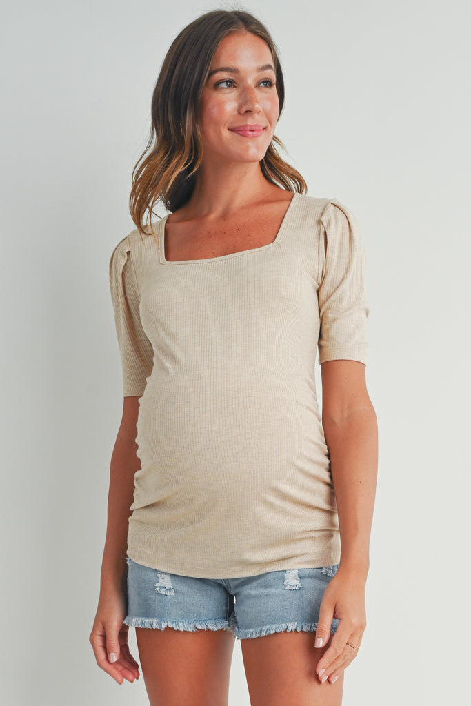 Oatmeal Ribbed Square Neck Puff Sleeve Maternity Top Front View