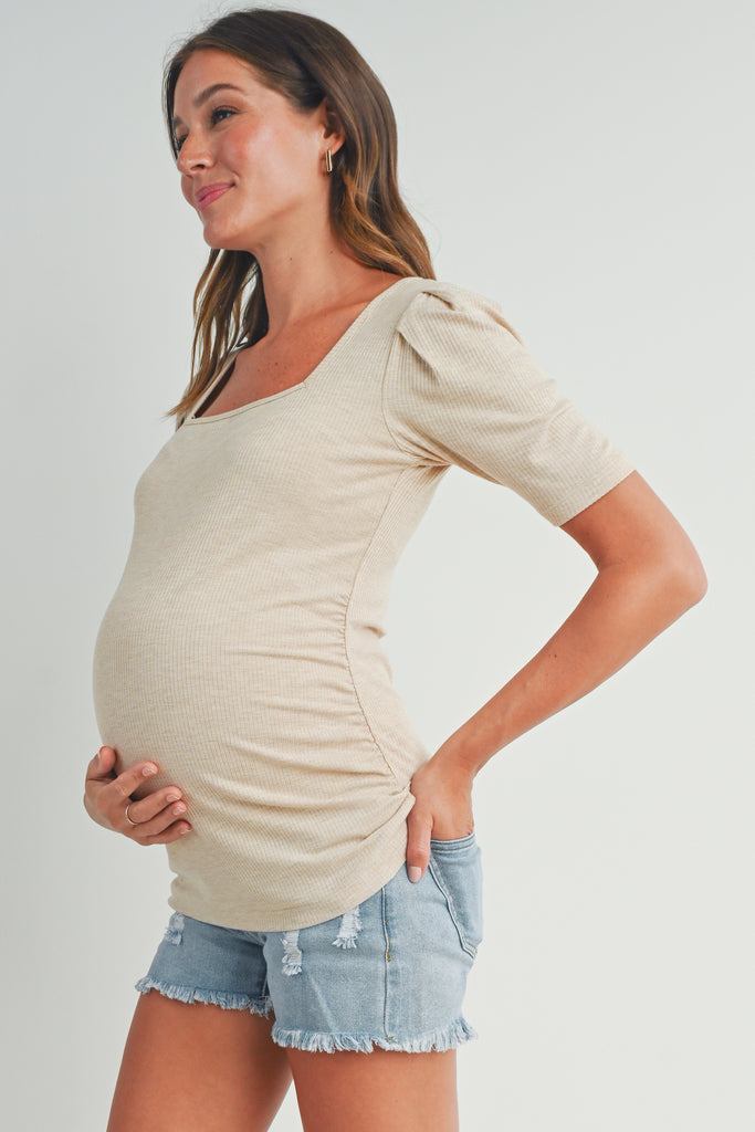 Oatmeal Ribbed Square Neck Puff Sleeve Maternity Top Side View