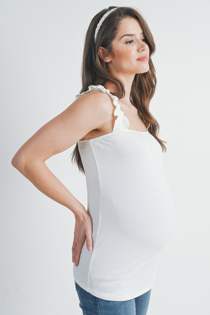 Off White Ruffle Strap Ribbed Maternity Tank Top Side View