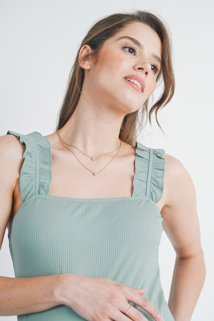 Sage Ruffle Strap Ribbed Maternity Tank Top Close Up