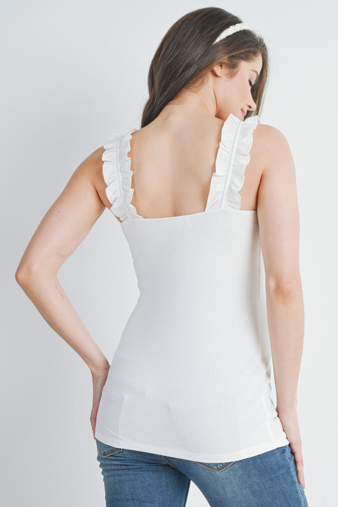 Off White Ruffle Strap Ribbed Maternity Tank Top Back View