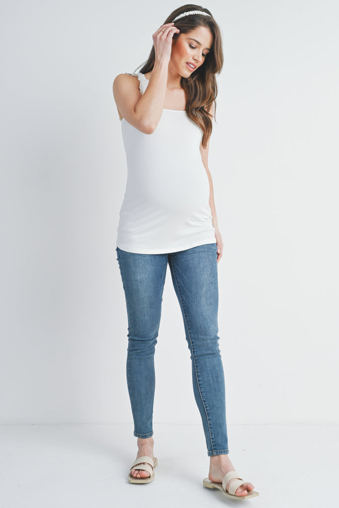 Off White Ruffle Strap Ribbed Maternity Tank Top Full Body