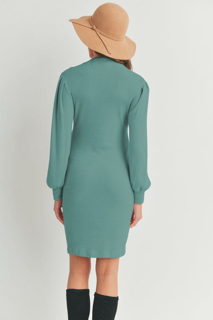 Teal Puff Sleeve Ribbed Maternity Dress Back