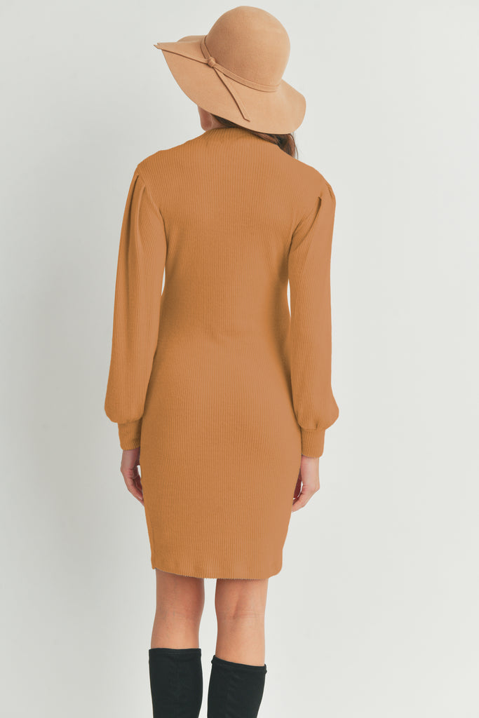 Rust Puff Sleeve Ribbed Maternity Dress Back