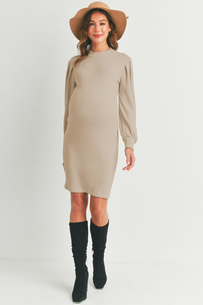 Sand Puff Sleeve Ribbed Maternity Dress Full Body