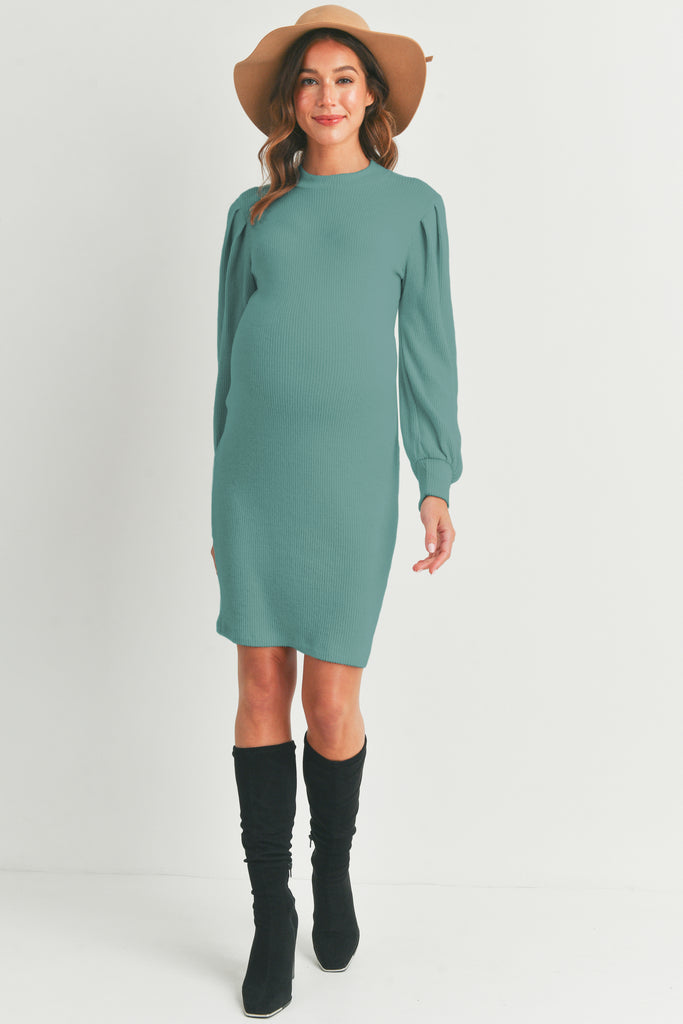 Teal Puff Sleeve Ribbed Maternity Dress Full Body