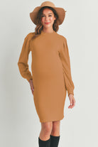 Rust Puff Sleeve Ribbed Maternity Dress Front