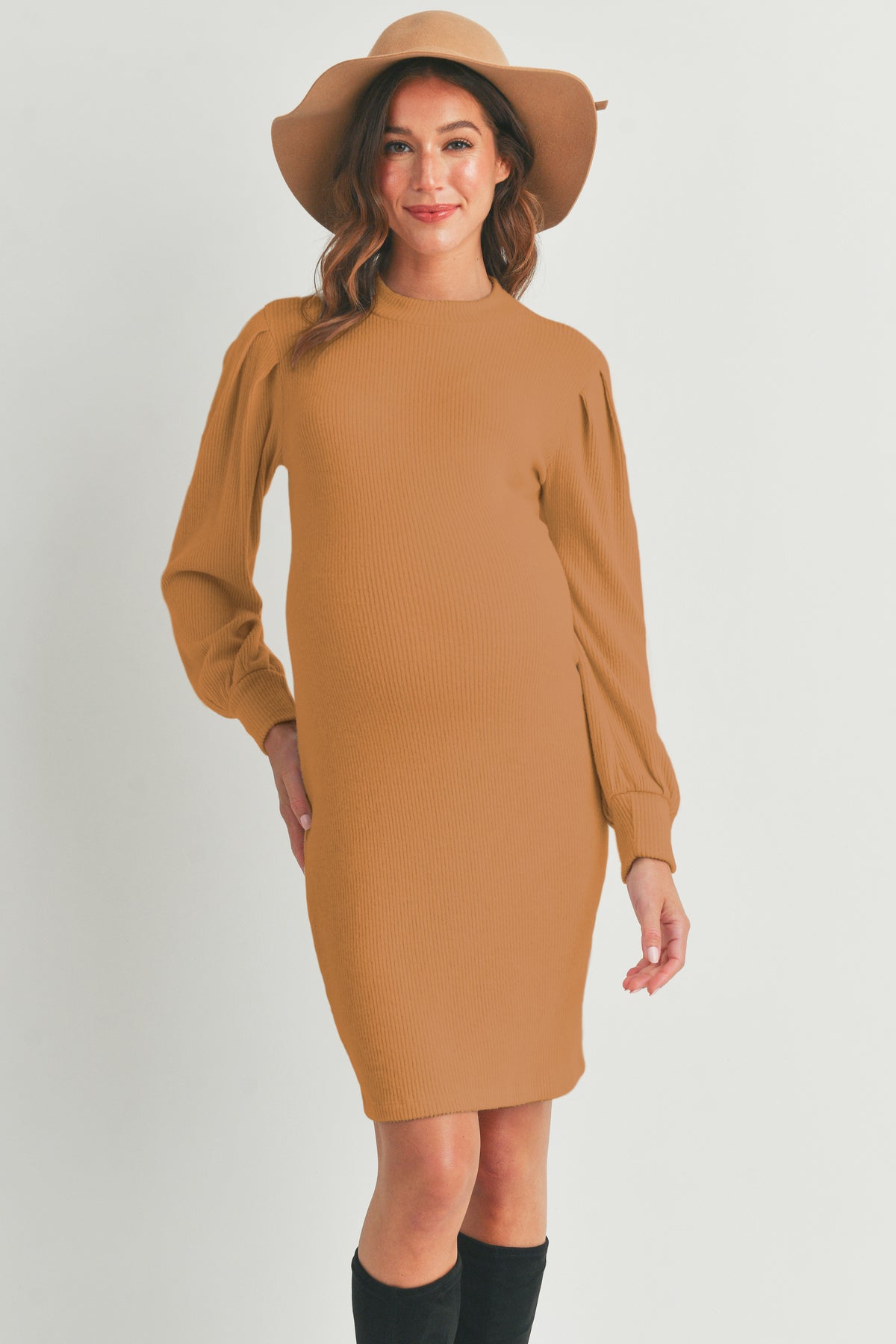 Rust Puff Sleeve Ribbed Maternity Dress Front