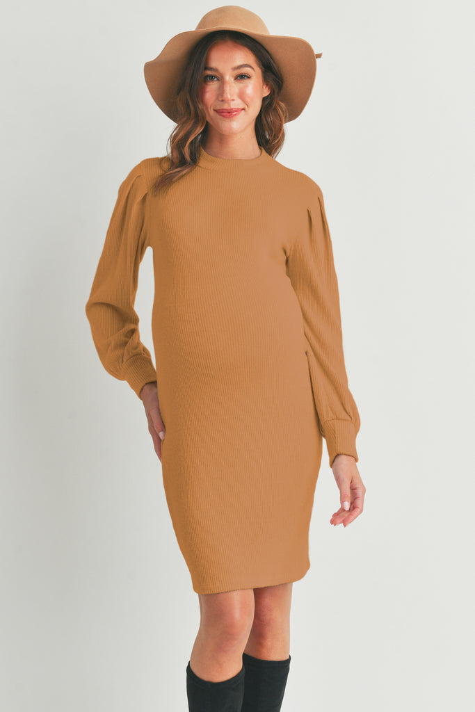 Rust Puff Sleeve Ribbed Maternity Dress Front