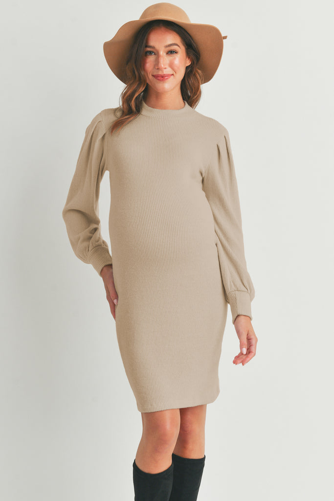 Sand Puff Sleeve Ribbed Maternity Dress Front