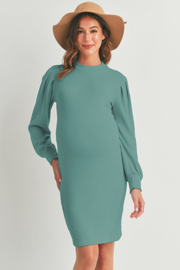 Teal Puff Sleeve Ribbed Maternity Dress Front