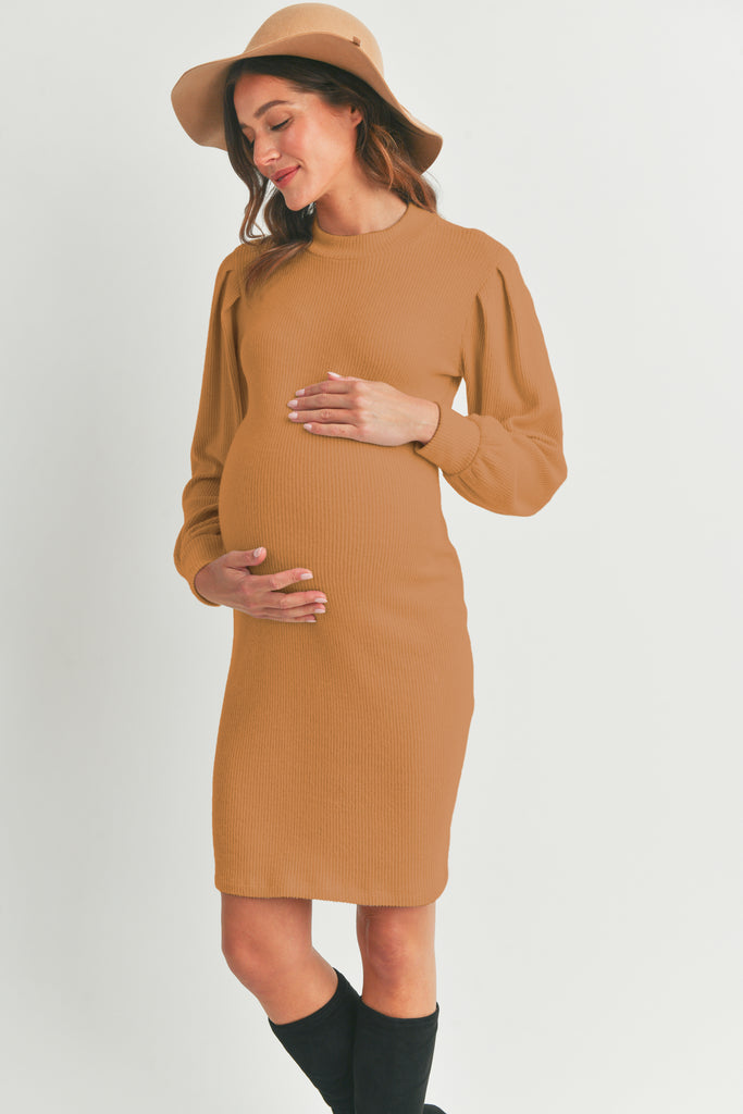 Rust Puff Sleeve Ribbed Maternity Dress Side