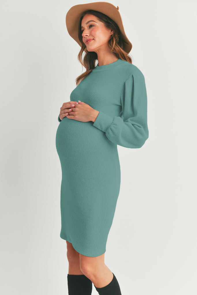 Teal Puff Sleeve Ribbed Maternity Dress Side
