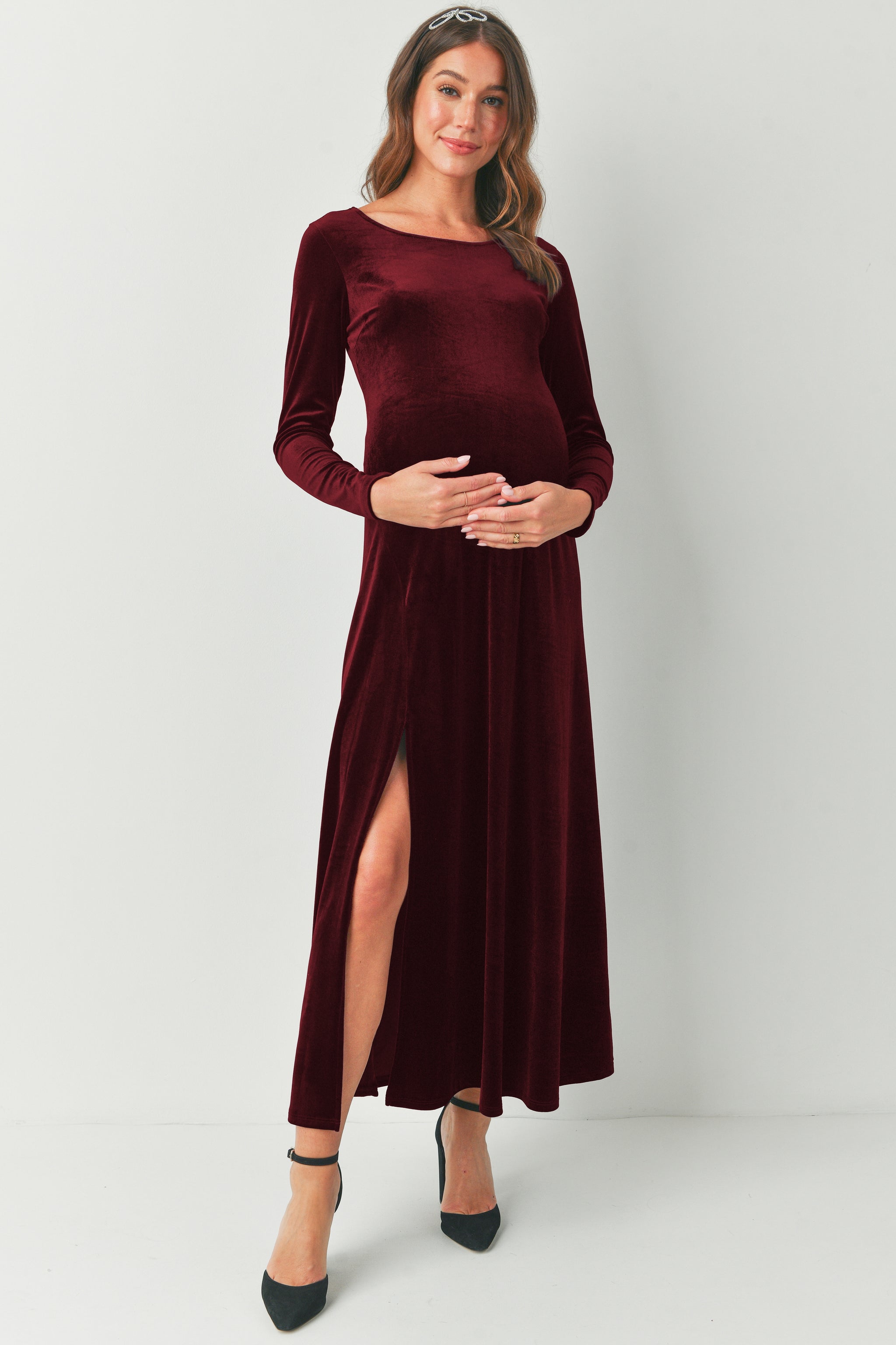 Velvet Round Neck Side Slit Maternity Dress NAVY / LARGE Velvet Round Neck Side Slit Maternity Dress NAVY / LARGE