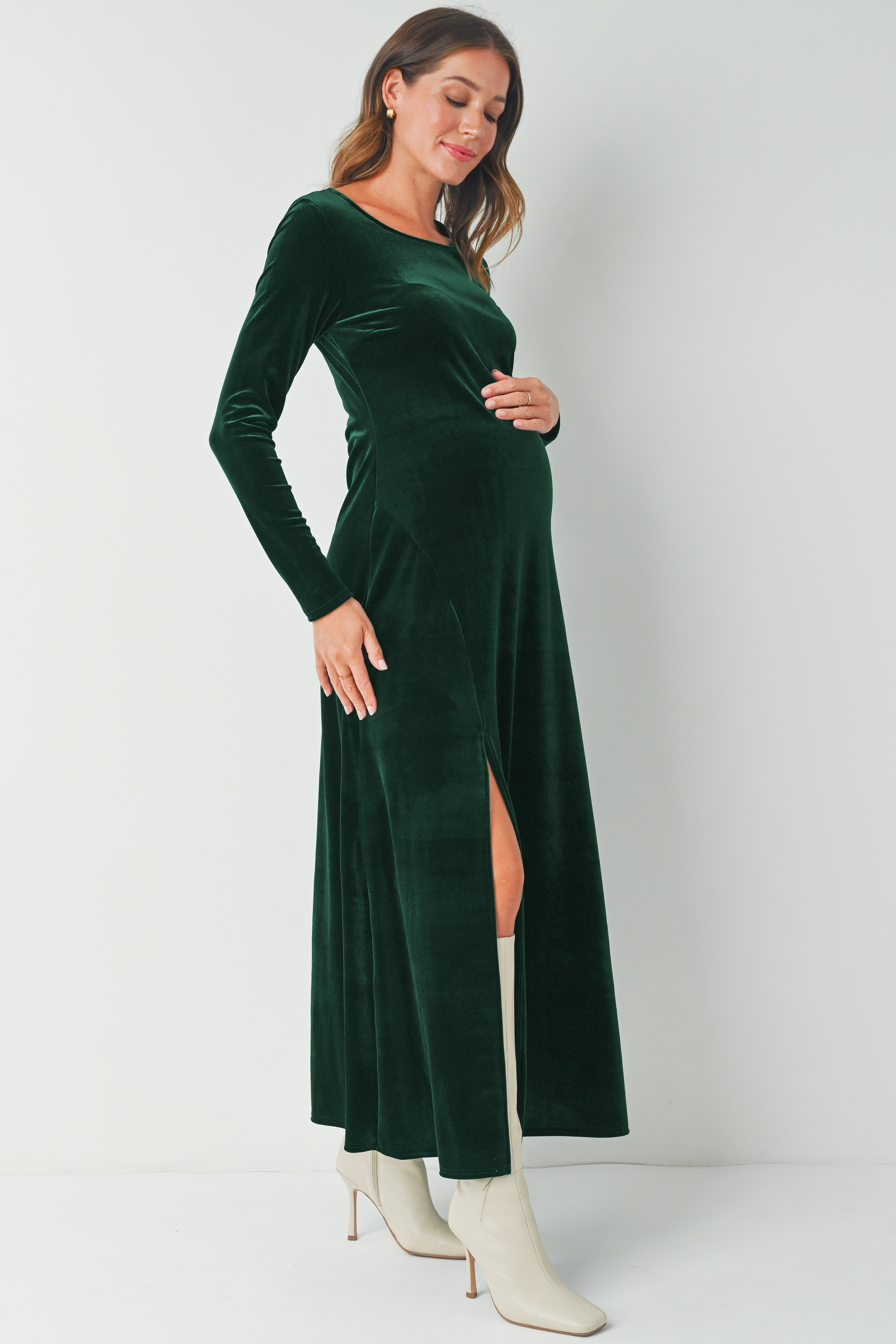Velvet Round Neck Side Slit Maternity Dress NAVY / LARGE Velvet Round Neck Side Slit Maternity Dress NAVY / LARGE