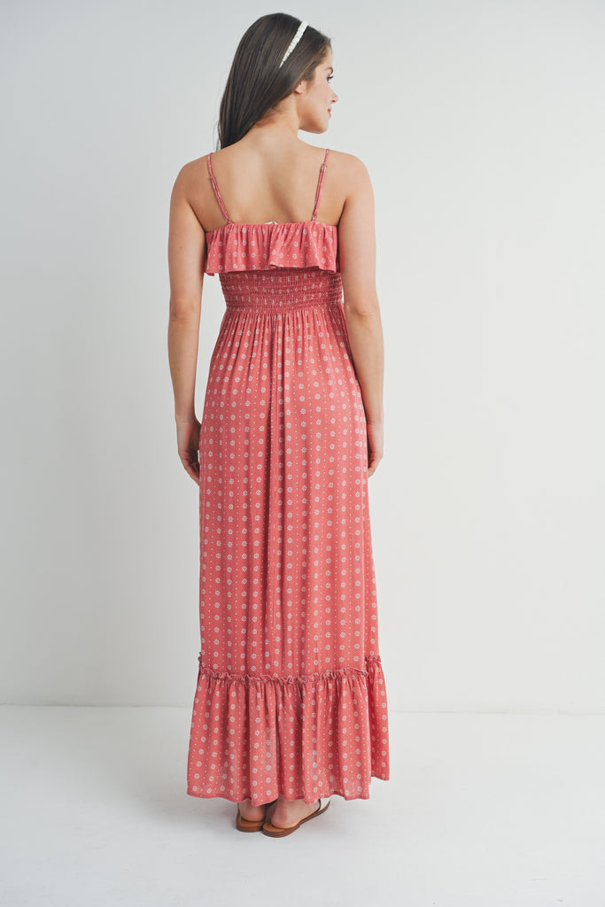 Masala Floral Sleeveless Smocked Maternity Maxi Dress Back View