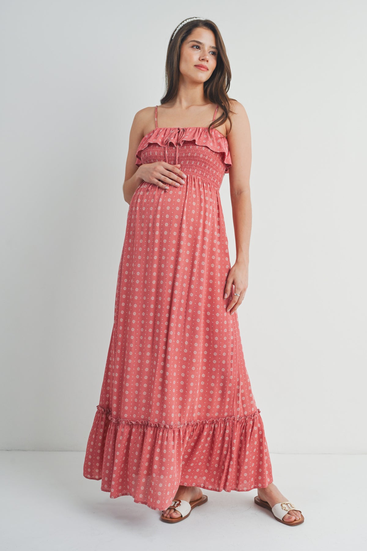 Masala Floral Sleeveless Smocked Maternity Maxi Dress Front View