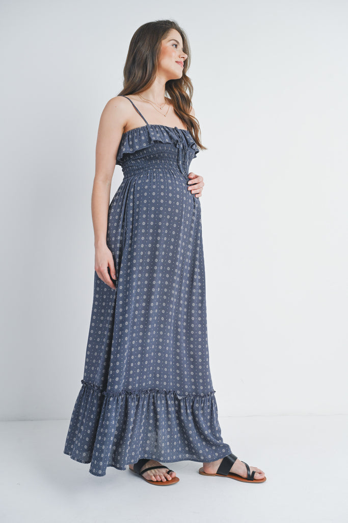 Navy Floral Sleeveless Smocked Maternity Maxi Dress Side View