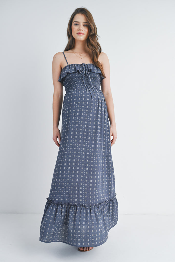 Navy Floral Sleeveless Smocked Maternity Maxi Dress Front View