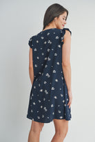 Navy Ruffle Cap Sleeve Maternity V Neck Dress Back View