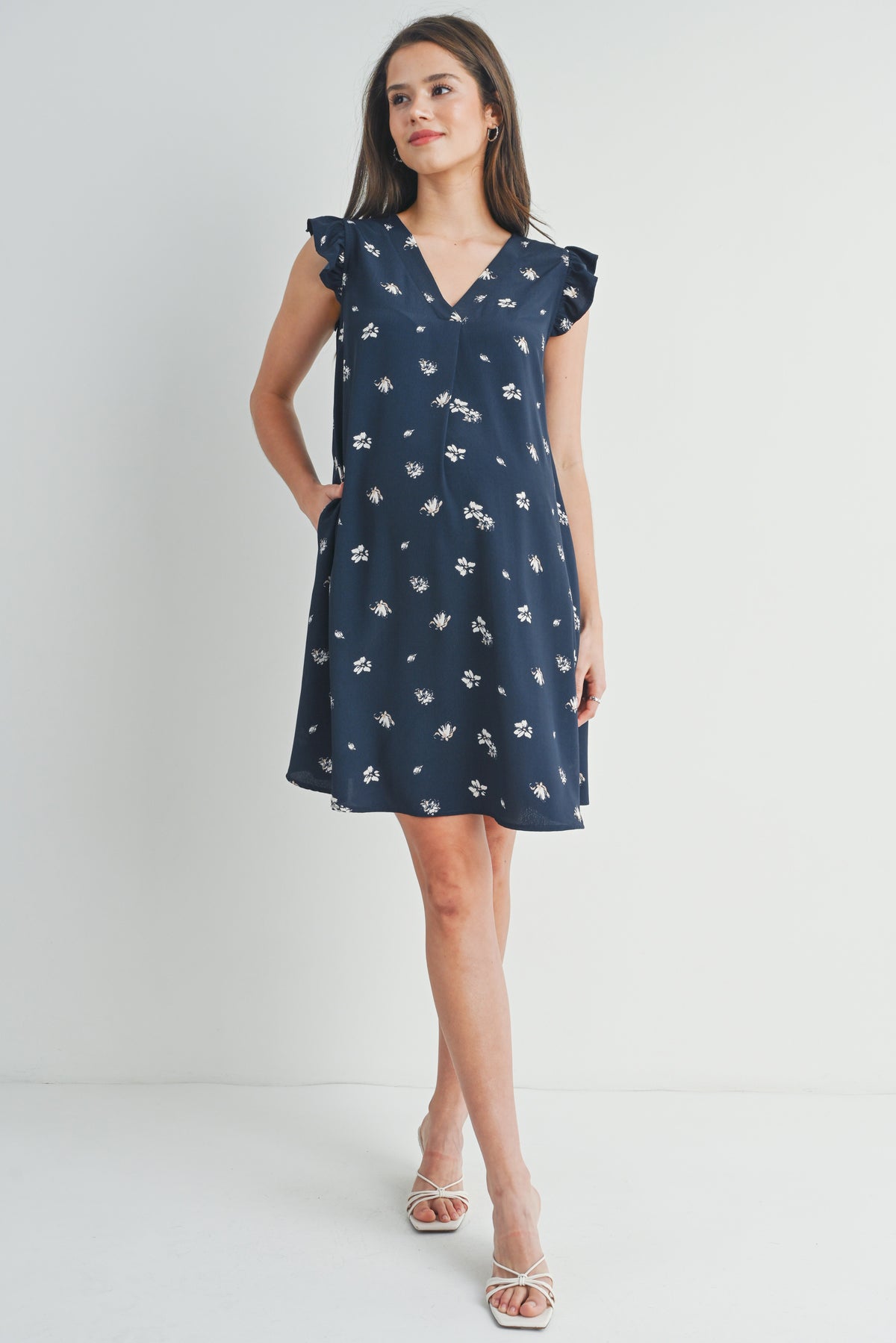 Navy Ruffle Cap Sleeve Maternity V Neck Dress Full Body