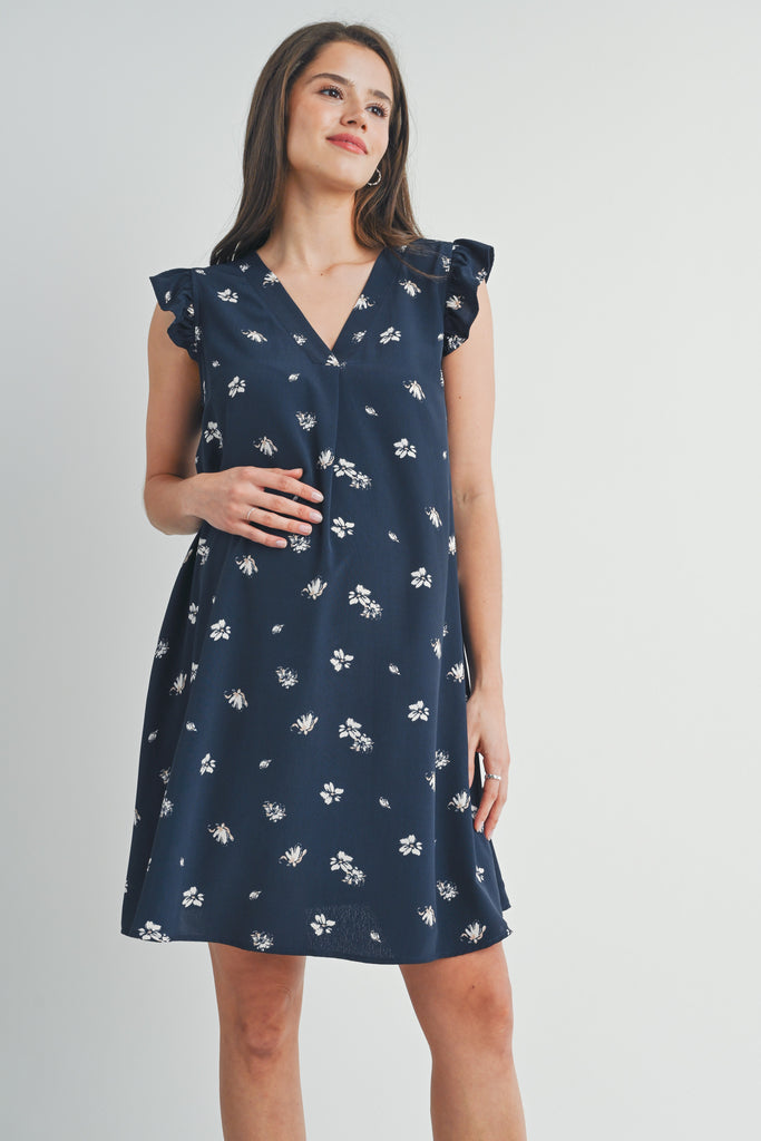 Navy Ruffle Cap Sleeve Maternity V Neck Dress Front View