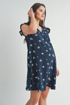 Navy Ruffle Cap Sleeve Maternity V Neck Dress Side View
