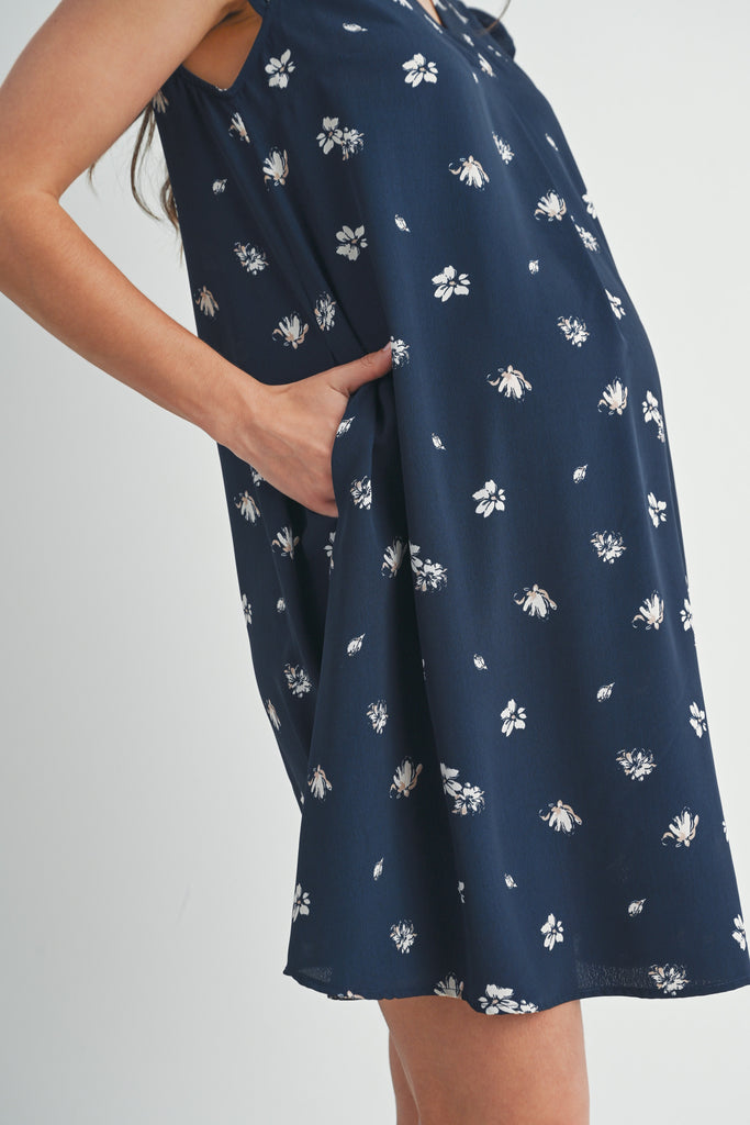 Navy Ruffle Cap Sleeve Maternity V Neck Dress Pocket Close Up