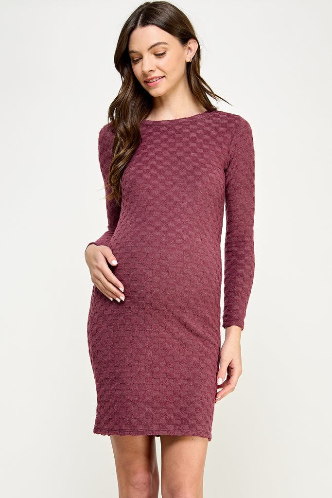 Red Plum Knit Long Sleeve Maternity Midi Dress Front