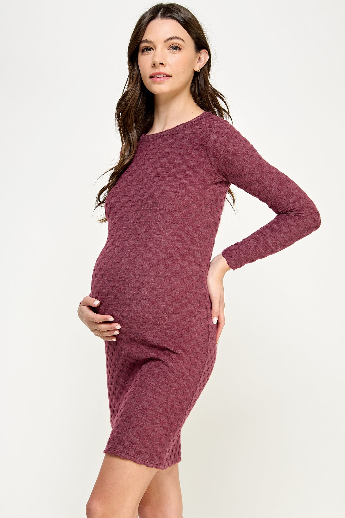 Red Plum Knit Long Sleeve Maternity Midi Dress Side