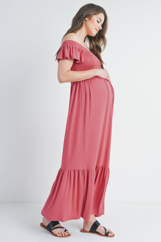 Dark Rose Off Shoulder Smocked Short Sleeve Maternity Maxi Dress Side View