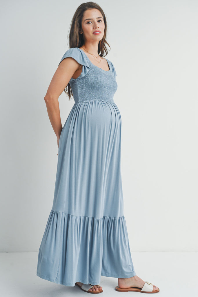Chambray Off Shoulder Smocked Short Sleeve Maternity Maxi Dress Front View Side View