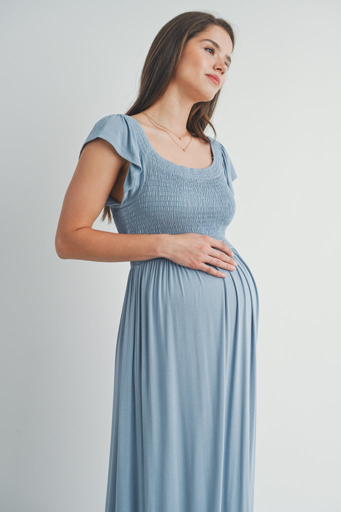 Chambray Off Shoulder Smocked Short Sleeve Maternity Maxi Dress Close Up