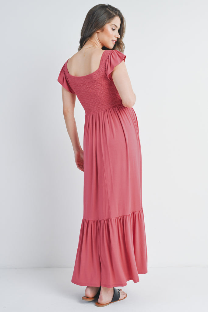 Dark Rose Off Shoulder Smocked Short Sleeve Maternity Maxi Dress Back View