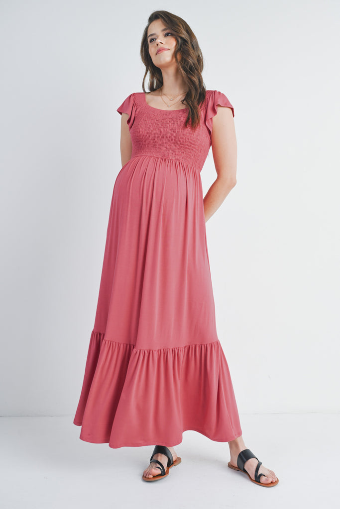 Dark Rose Off Shoulder Smocked Short Sleeve Maternity Maxi Dress Front View Short Sleeve