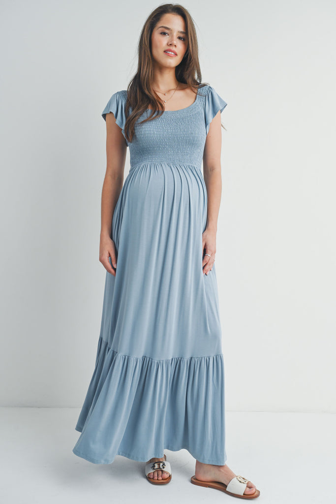 Chambray Off Shoulder Smocked Short Sleeve Maternity Maxi Dress Front View