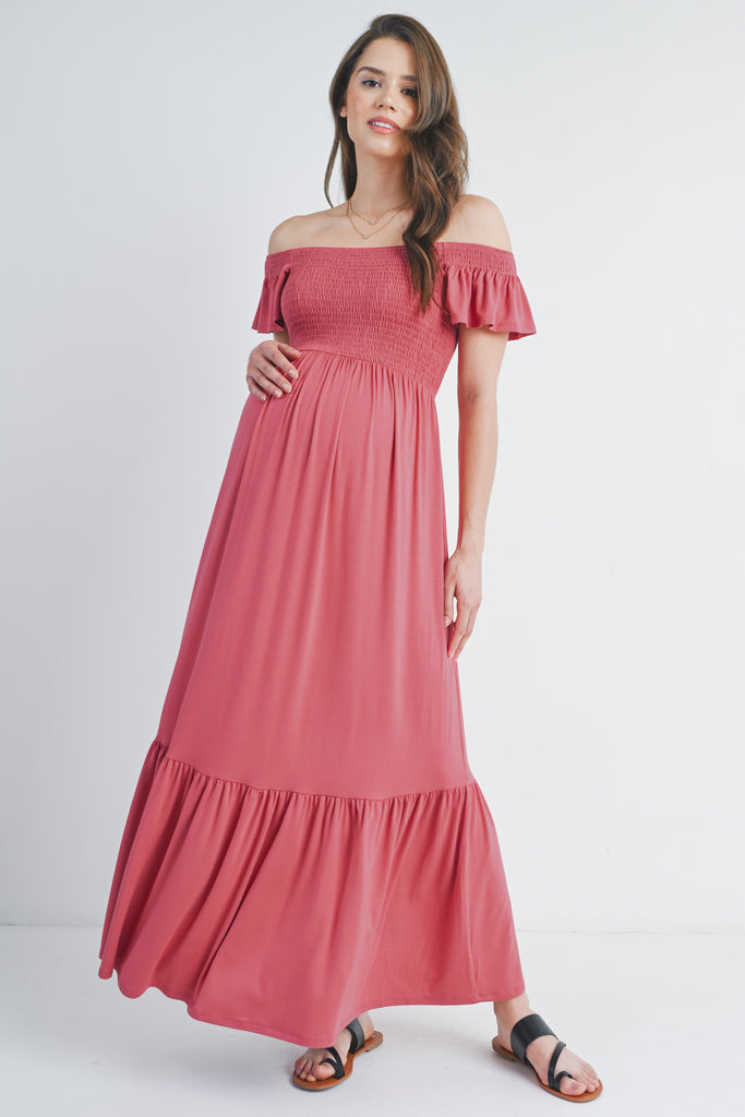 Dark Rose Off Shoulder Smocked Short Sleeve Maternity Maxi Dress Front View Off Shoulder