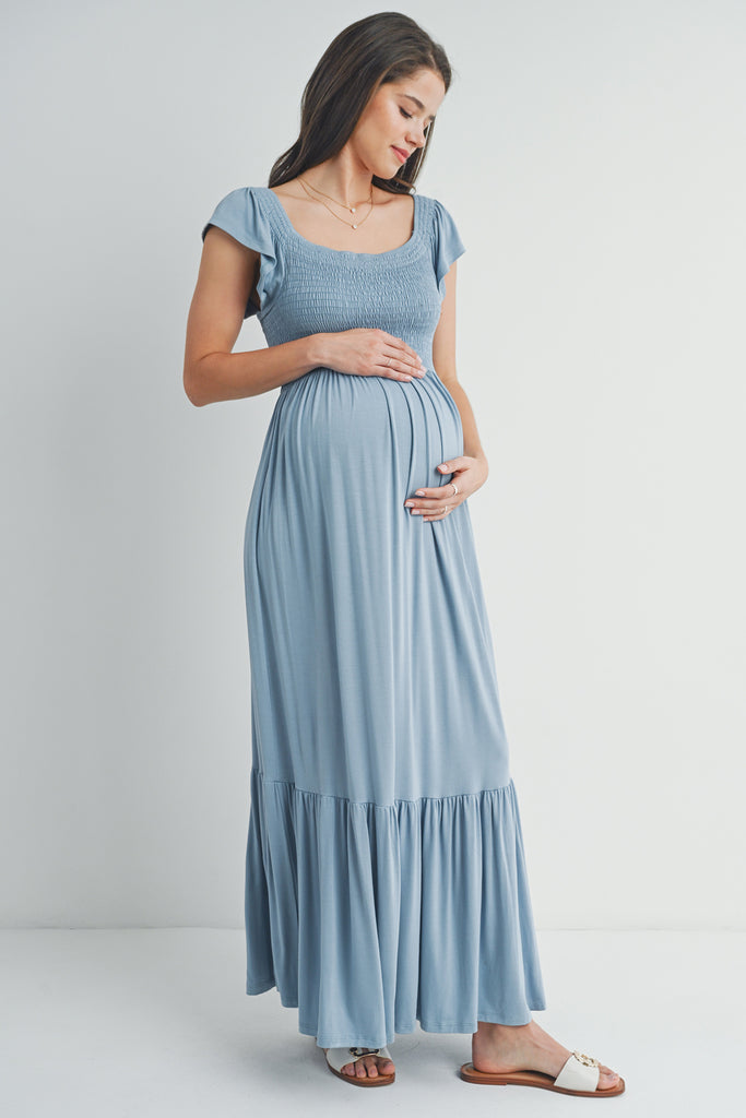 Chambray Off Shoulder Smocked Short Sleeve Maternity Maxi Dress Side View