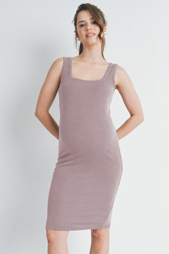 Mauve Ribbed Fitted Square Neck Maternity Tank Dress Front View