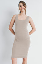 Oatmeal Ribbed Fitted Square Neck Maternity Tank Dress Front View