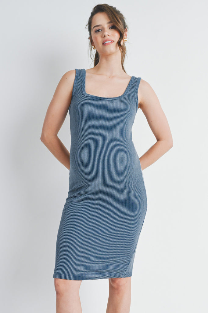 Denim Ribbed Fitted Square Neck Maternity Tank Dress Front View