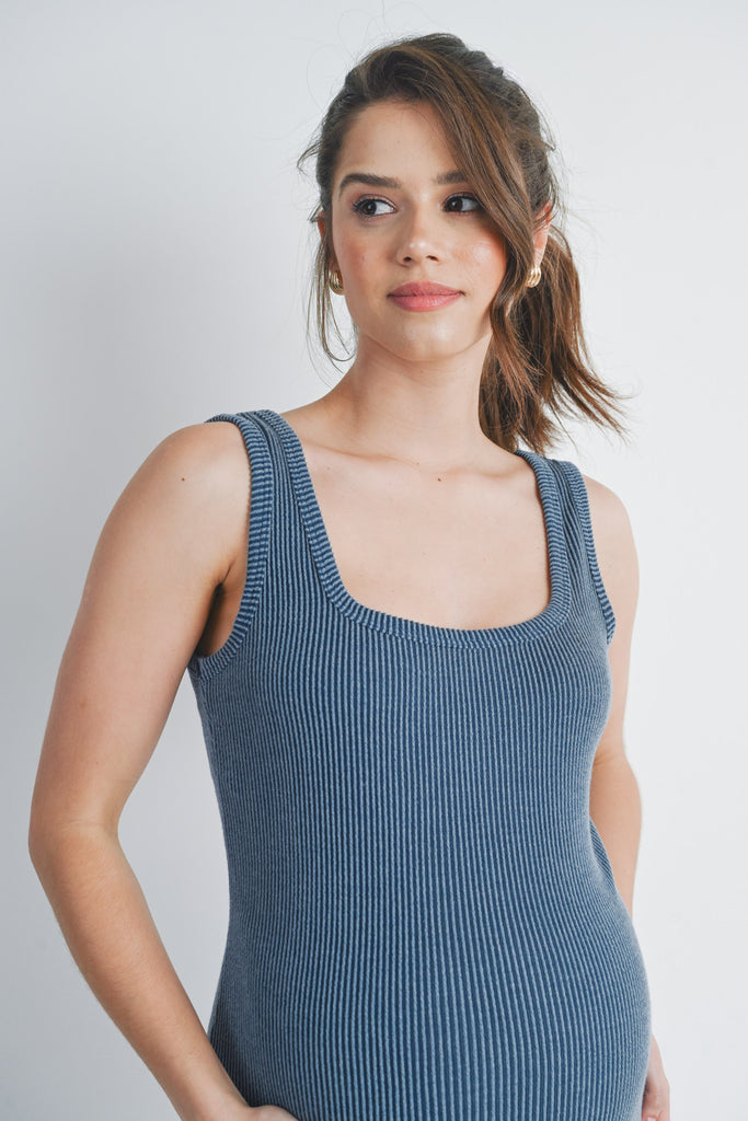 Denim Ribbed Fitted Square Neck Maternity Tank Dress Close Up