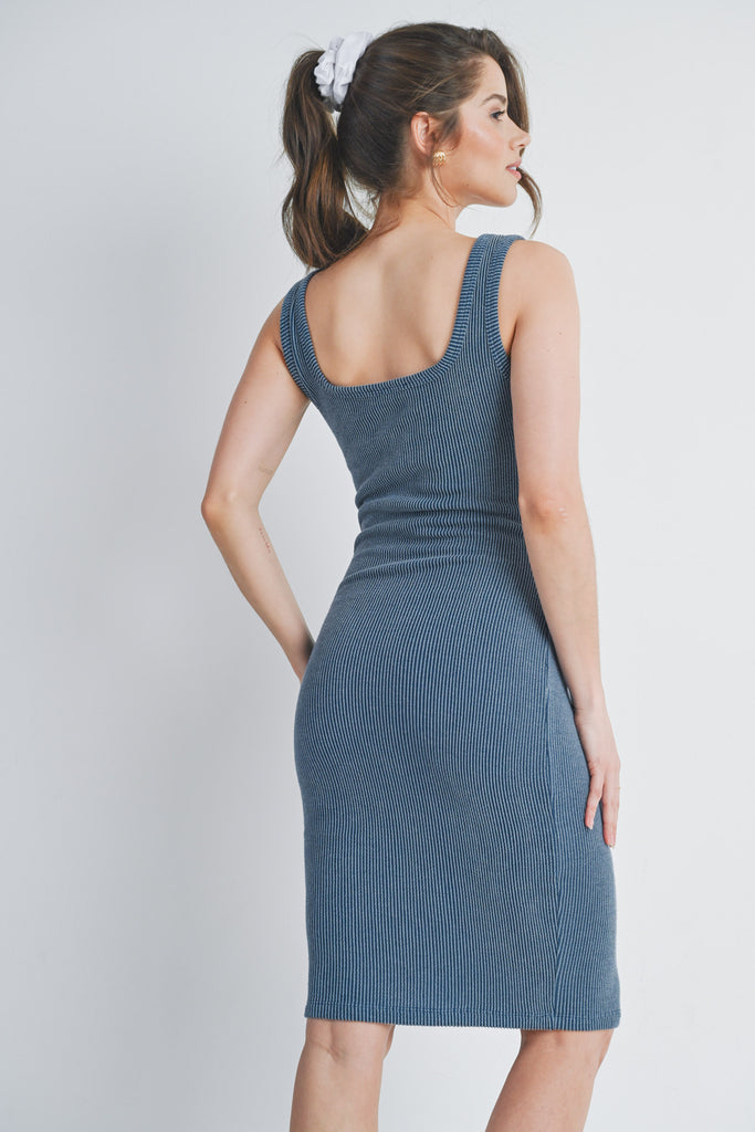 Denim Ribbed Fitted Square Neck Maternity Tank Dress Back View